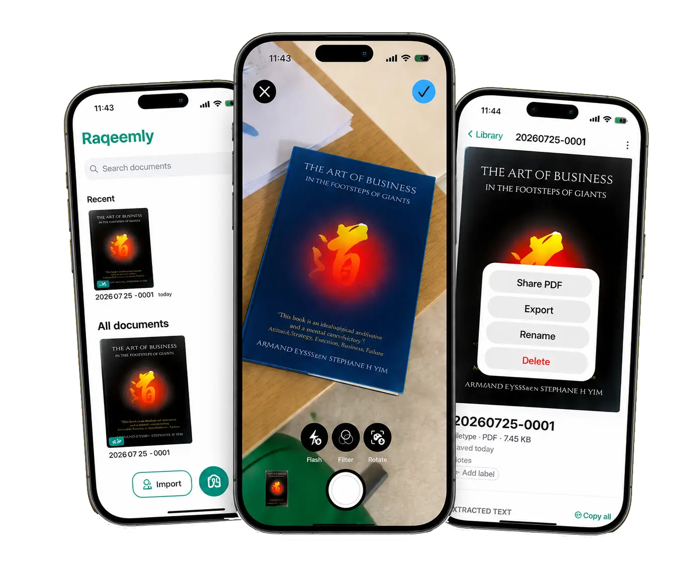 Raqeemly app screens showing capture, enhancement, and export views.
