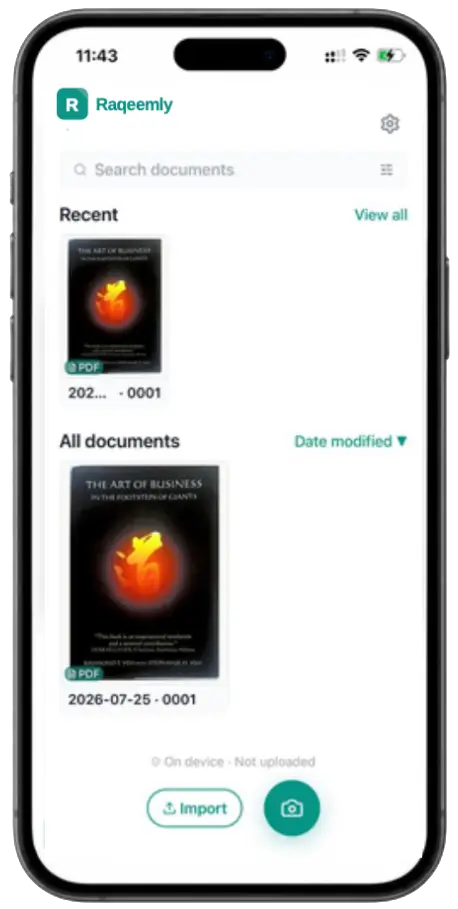 Raqeemly searchable document library screen.