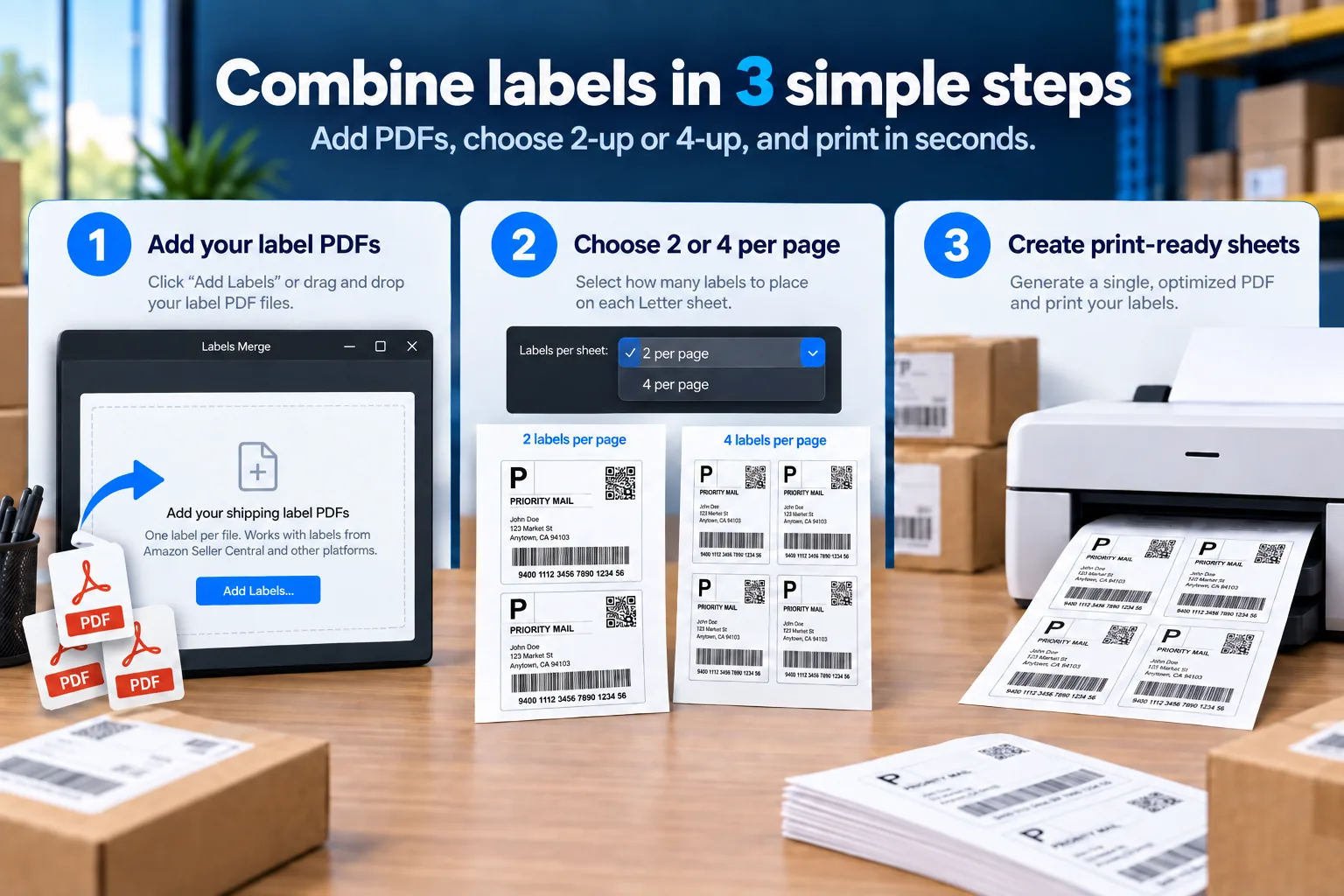 Three steps: add your label PDFs, choose 2 or 4 labels per Letter sheet, then print the combined sheet.